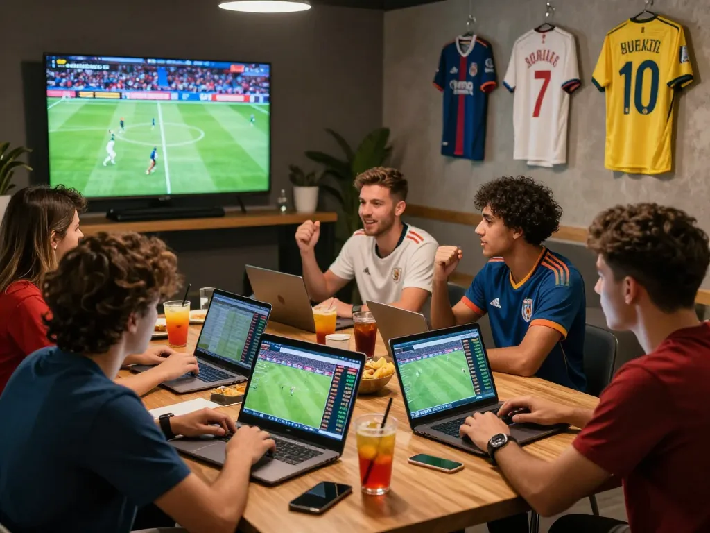 Soccer tipsters analyzing live betting odds in a vibrant sports lounge setting.