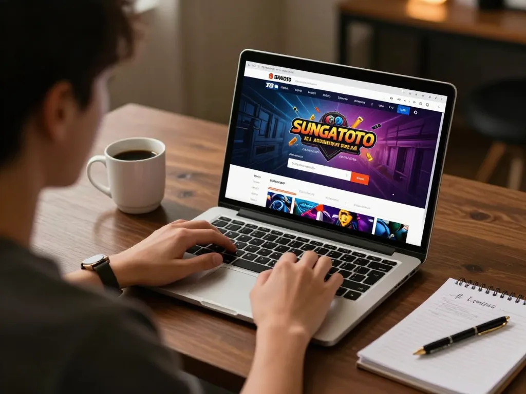 SUNGAITOTO login interface shown on a laptop during a focused online gaming session with strategy notes nearby.