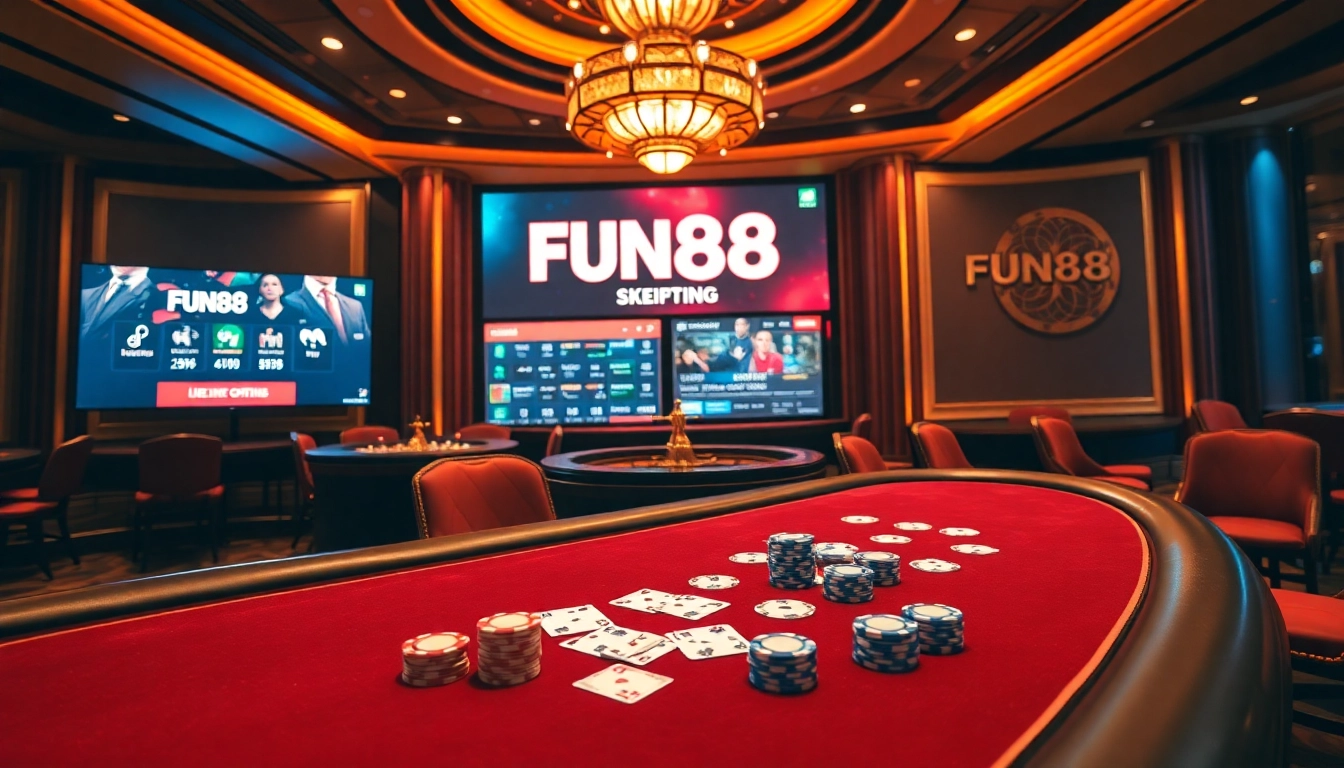 Exciting poker table scene showcasing FUN88 แท้ with vibrant chips and cards in action.