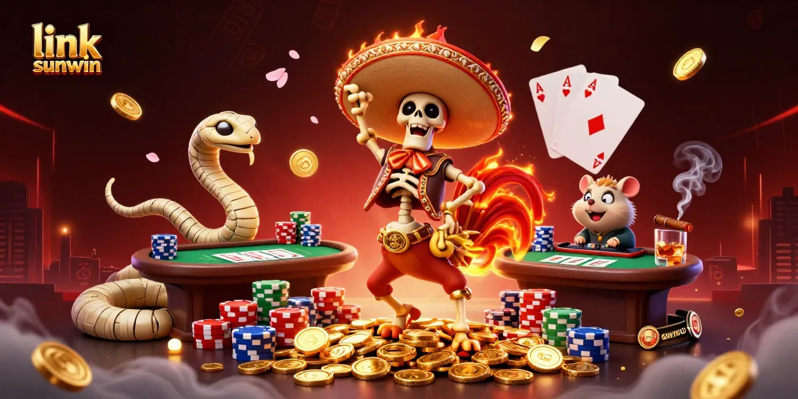 Playful victory dance scene featuring "link sunwin" characters amid gold coins and poker elements.
