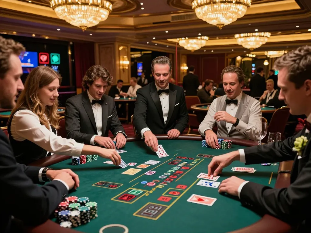 MM88 players engaging intensely at a luxurious blackjack table, showcasing excitement amid a vibrant casino atmosphere