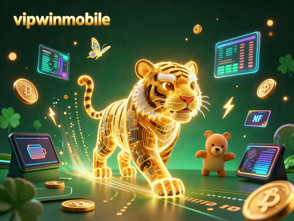 Experience the thrill of vipwinmobile with a neon golden tiger and digital casino elements.