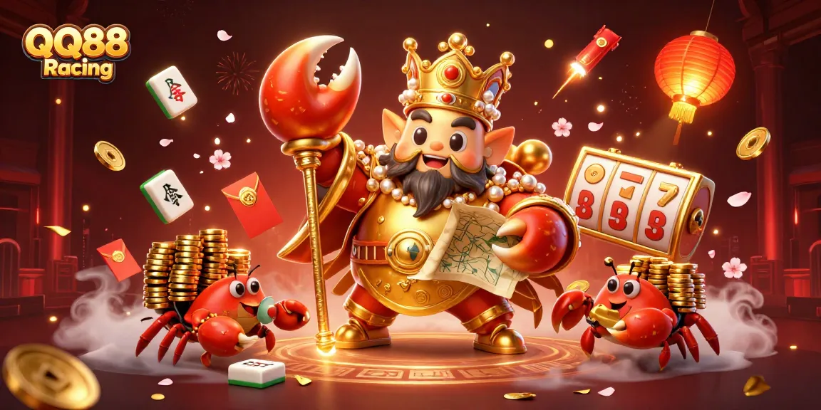 Join the excitement at QQ88 Racing with a golden crab emperor surrounded by vibrant casino elements.