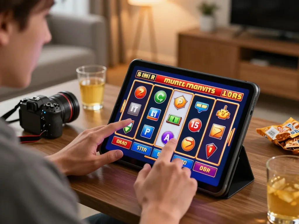 Player engaging with TG88 online slots on tablet in a cozy environment, showcasing responsible gambling.