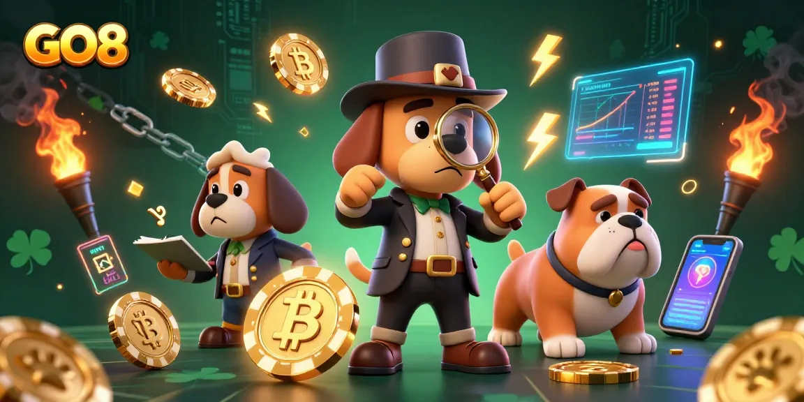 Engage in thrilling gameplay with GO8's golden poker chips surrounded by crypto elements in a vibrant casino scene.
