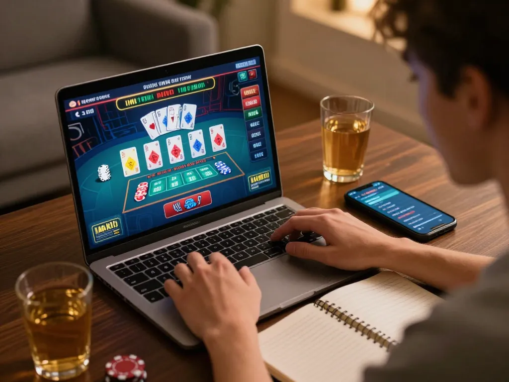 Engaging with live dealer game on laptop at home, highlighting Nhà cái GEM88 for strategic betting.
