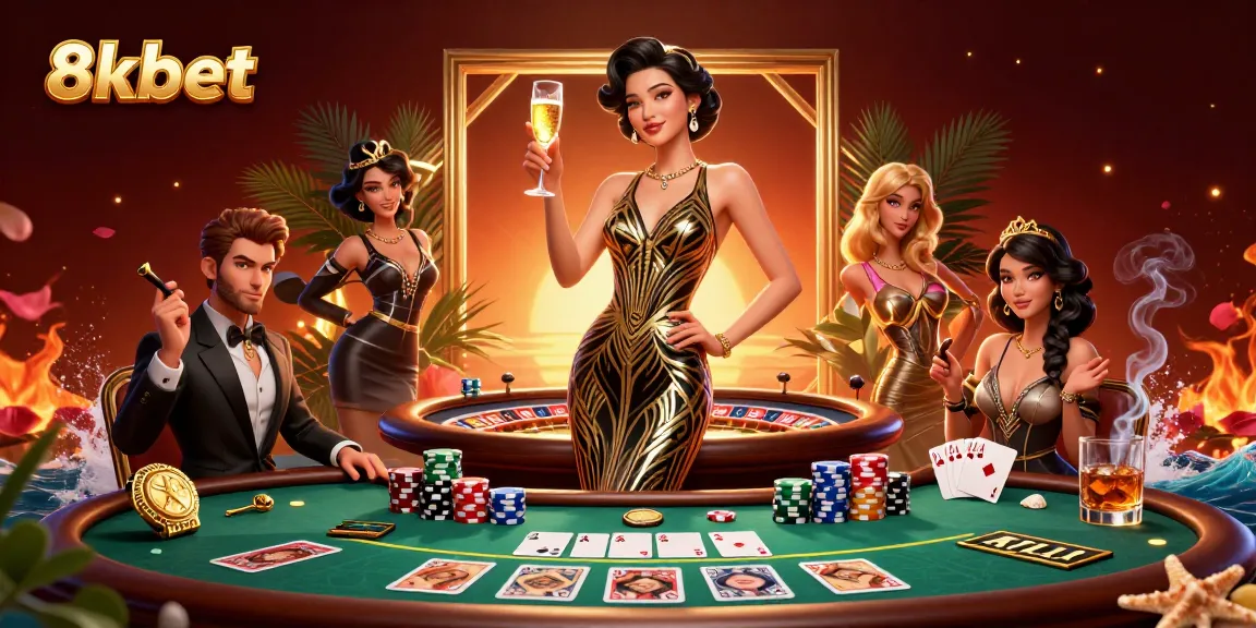 8xbet showcases a glamorous online casino scene with a sophisticated Asian woman amidst poker elements and rich details.