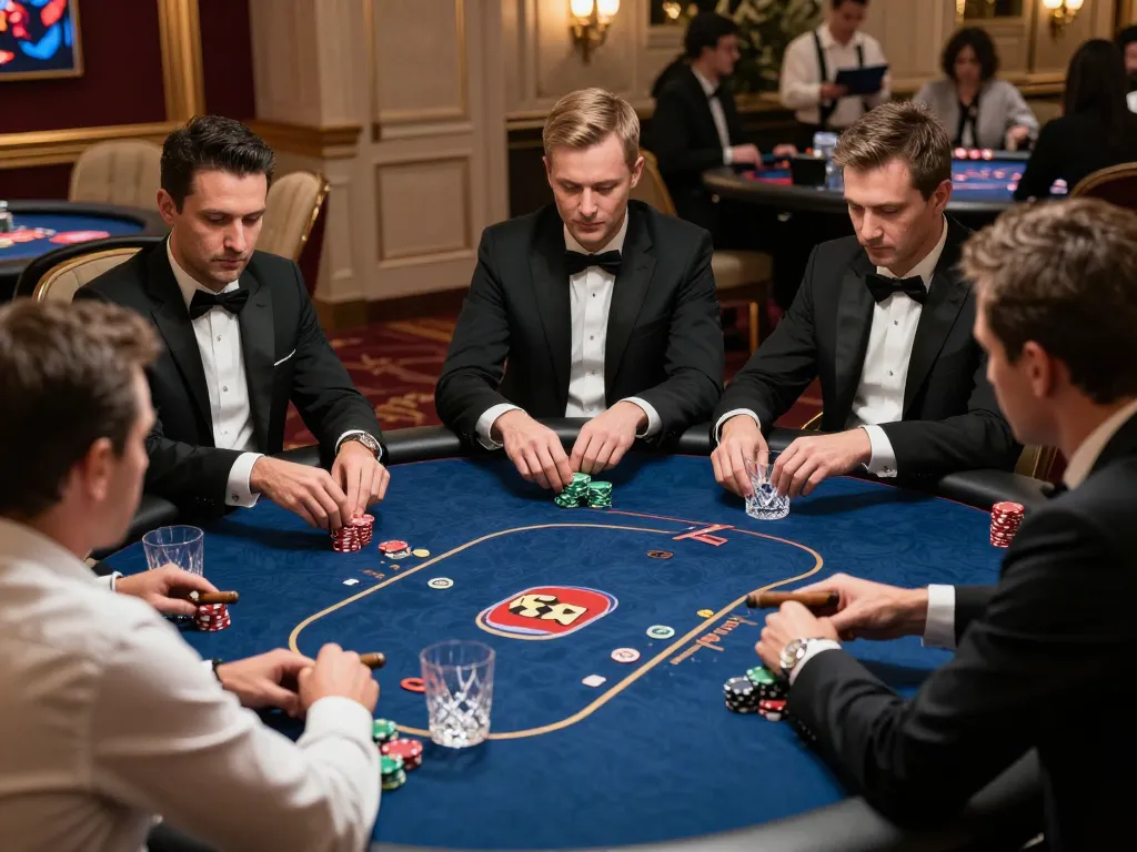 Experience high-stakes poker gameplay at SHBET's luxurious casino tables amid an exclusive atmosphere.
