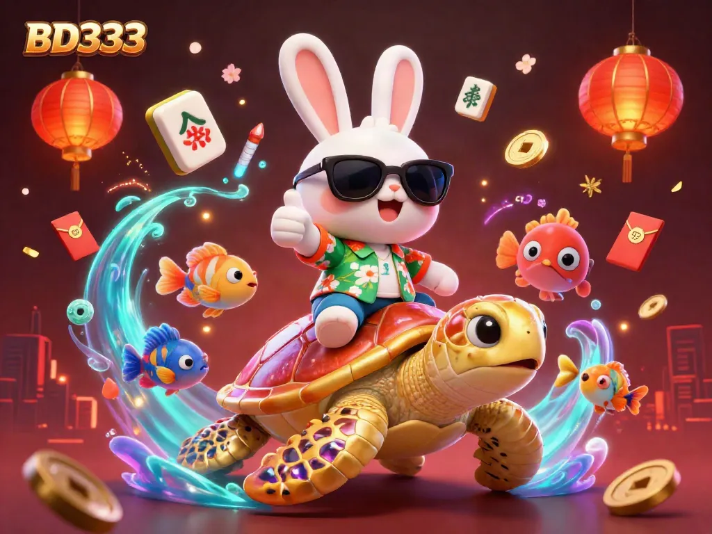 Engaging BD333 casino illustration with characters, lucky rabbit, giant turtle, and casino elements.