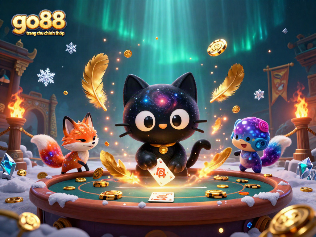 Experience the magic of go88 trang chu chinh thuc in a vibrant cosmic casino scene with a black hole cat.