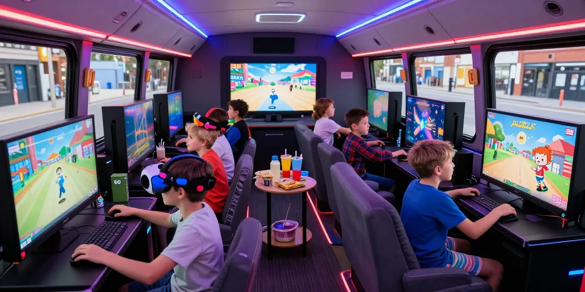 Children's Gaming Parties Colchester inside a vibrant gaming bus, kids enjoying gaming on consoles with VR headsets.