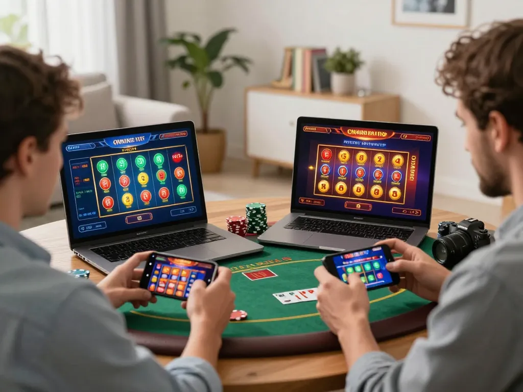 Engaging scene of players immersed in 789club online casino gaming on smartphones and laptops, showcasing vibrant game interfaces.