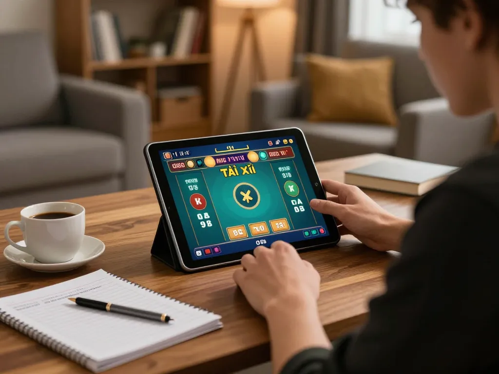 Tai Xiu gameplay on tablet at home in a cozy setup highlighting taixiuonline8 platform for strategic gaming.