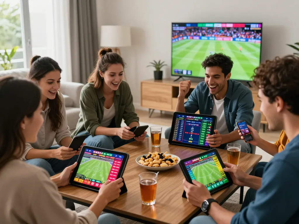 Friends enjoying rikbet sports betting experience in a modern living room