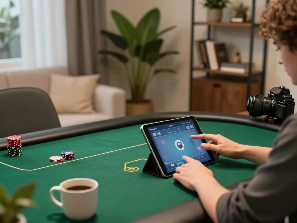 Engaged player using a tablet for online poker com, cozy home atmosphere with a warm ambiance.