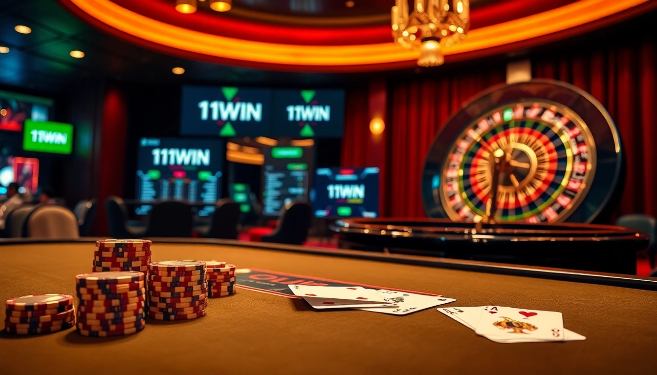 Experience the thrill of gambling at 11WIN with luxurious poker setups and strategic gameplay.