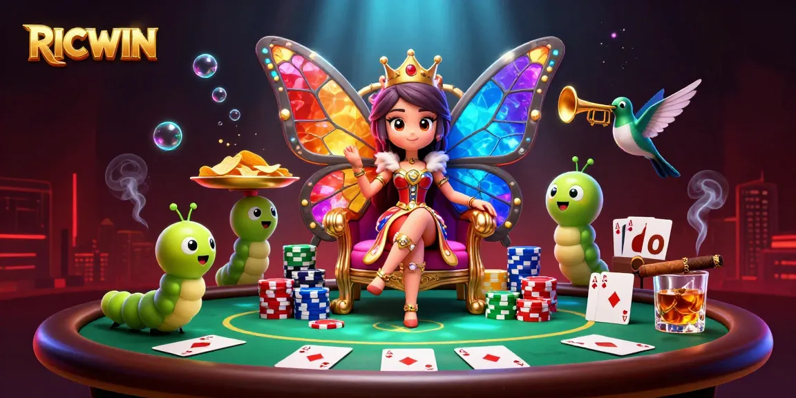 Experience the RICWIN casino adventure with colorful chips, a butterfly queen, and lively betting action.