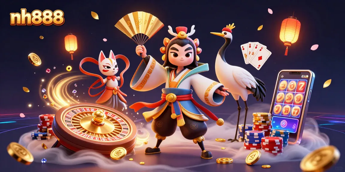 Win big with nh888 at this vibrant casino scene featuring glowing treasures and captivating characters.