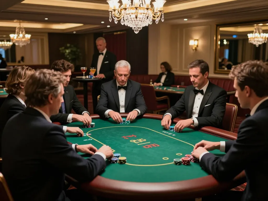 Players strategizing at a premium poker table in a luxurious casino environment featuring 13win.