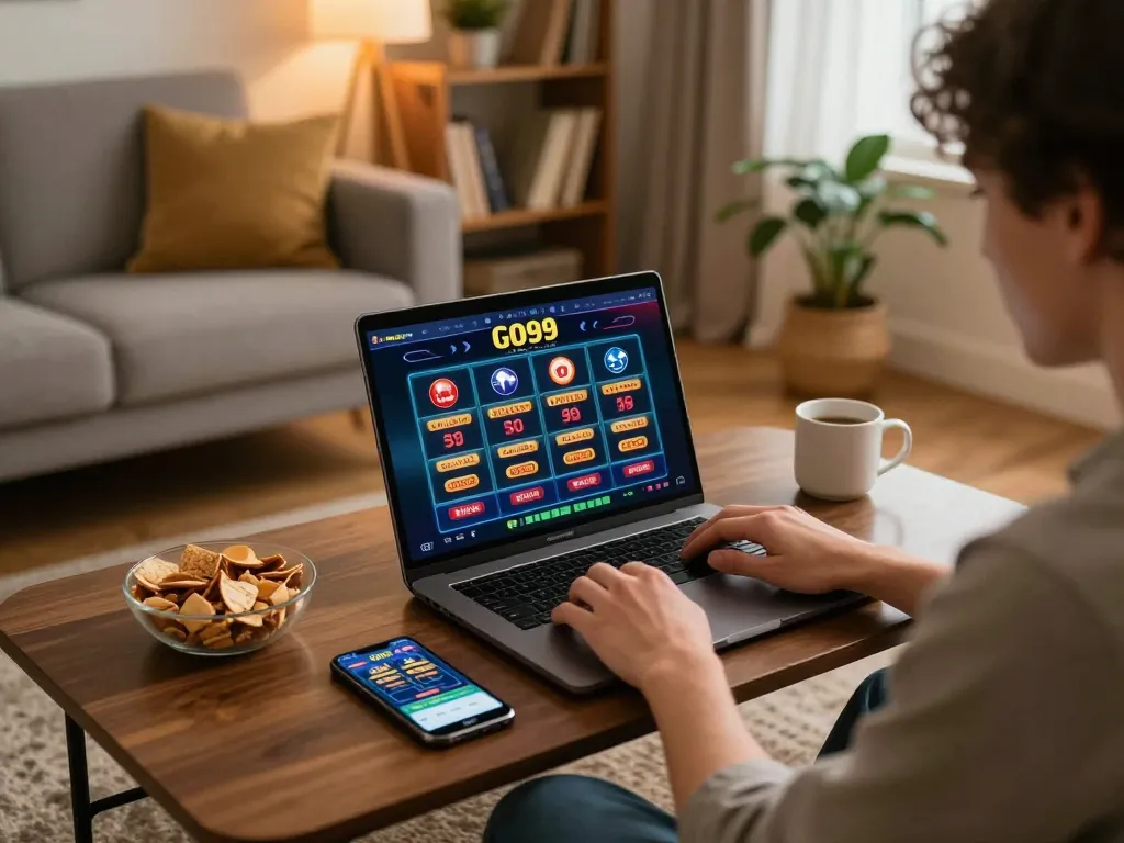 Engaging gameplay on GO99 displayed on a laptop with snacks and drinks around.