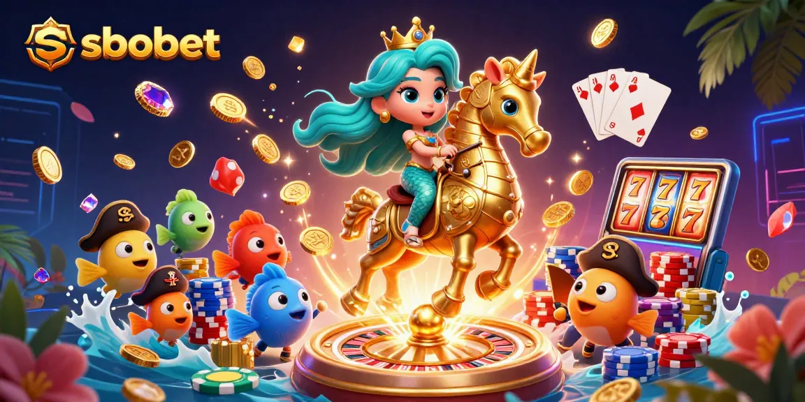 SBOBET interactive gaming scene featuring a mermaid princess, golden seahorse, and vibrant casino elements.