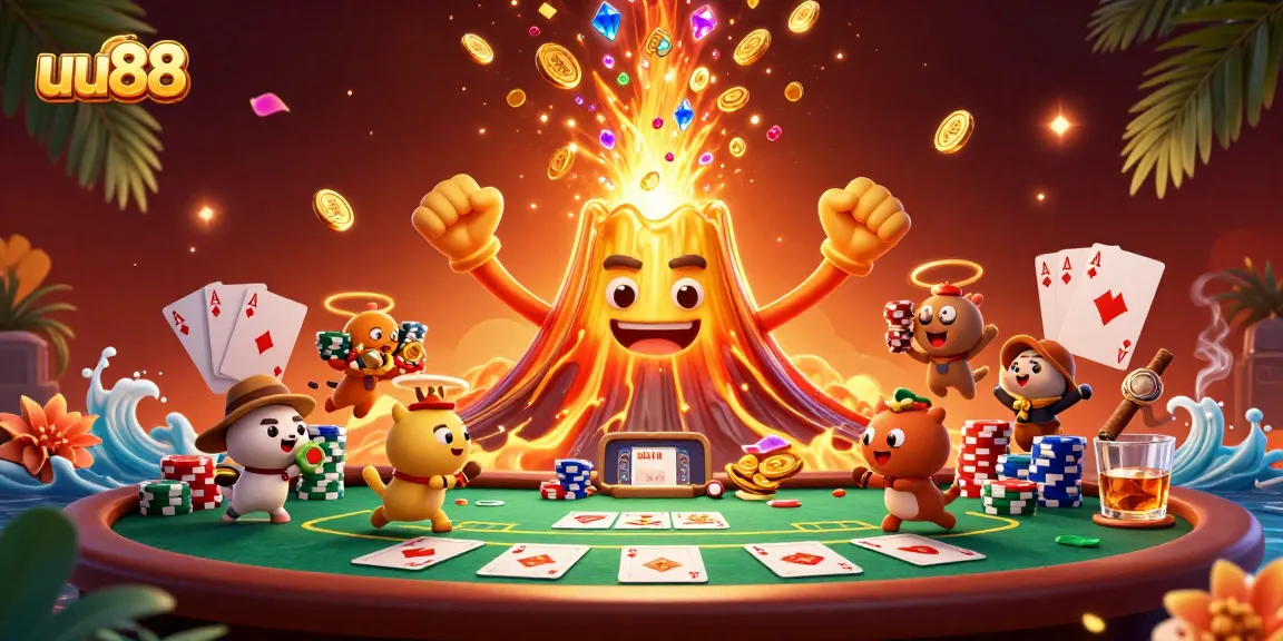 Spin the reels at uu88 as a golden volcano erupts with treasures and casino elements