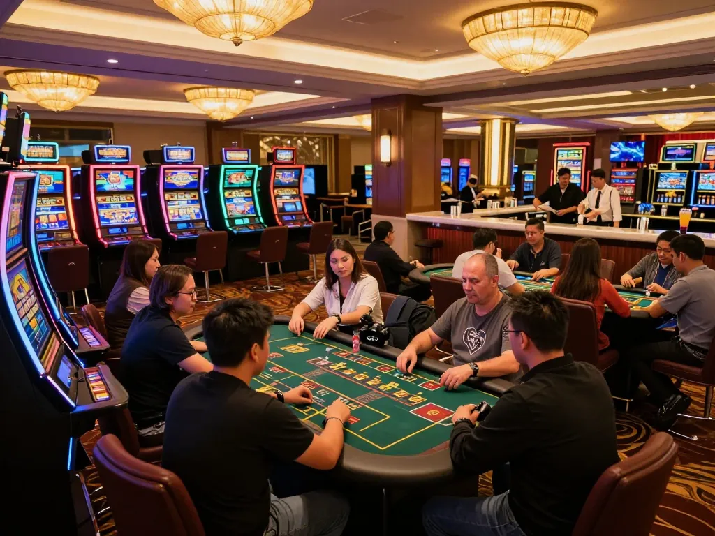 Players enjoying games at SC88 casino, capturing excitement of vibrant slot machines