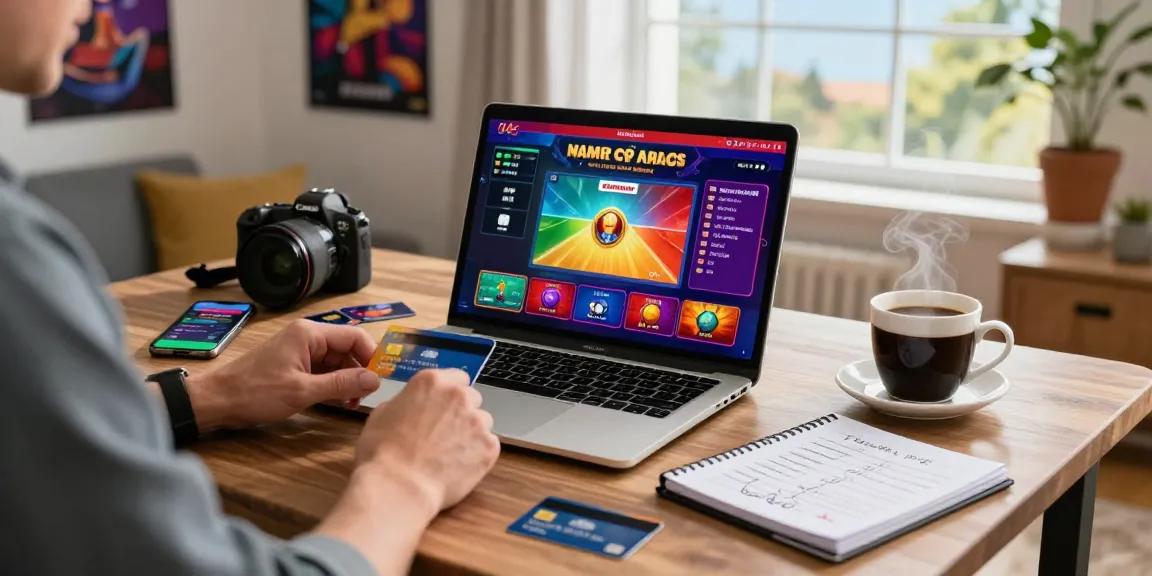 Player enjoying online casinos that accept credit cards with laptop and gaming setup, credit cards laid out, inviting atmosphere