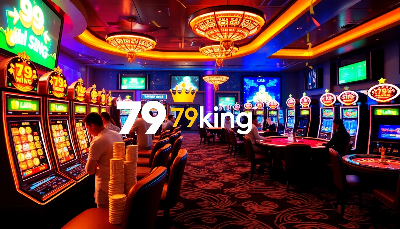 Exciting online casino scene featuring 79king logo with players engaging in games and vibrant roulette.