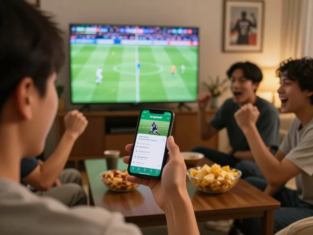 In an engaging sports betting environment, a user checks bongdalu88 on their smartphone while cheering for a live football match.
