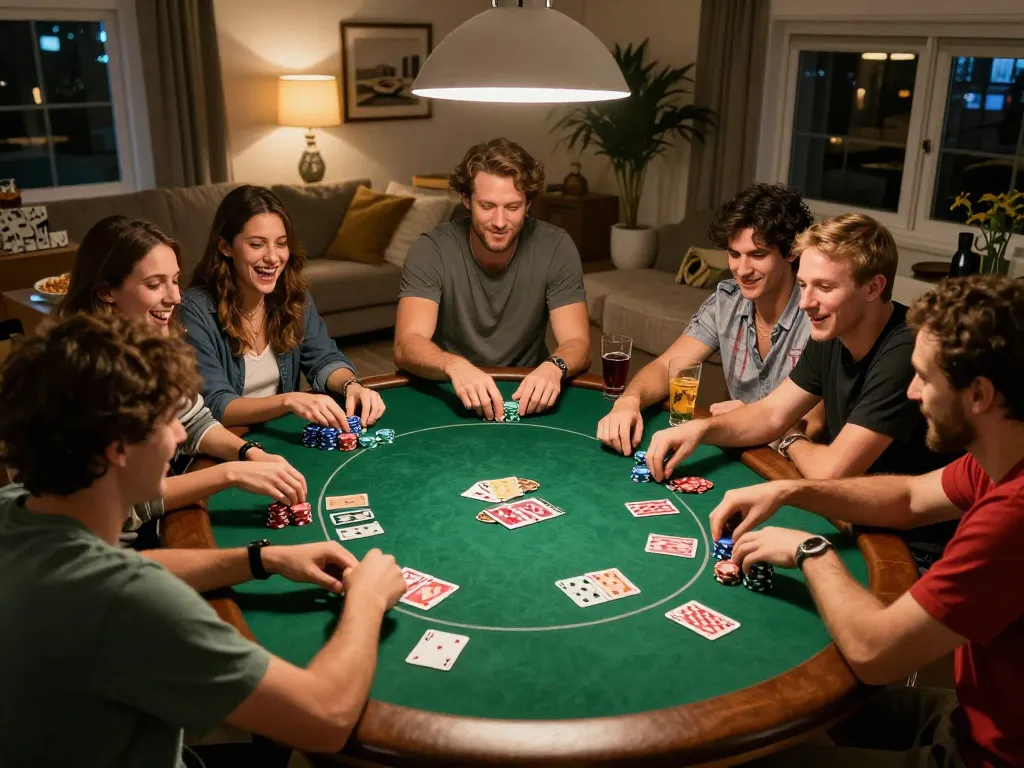 Players enjoying an exciting SHBET poker night, with cards and chips showcased in a warm, inviting atmosphere.