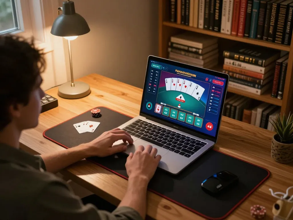 Player using laptop at home for competitive online lu88 poker gaming session with warm lighting