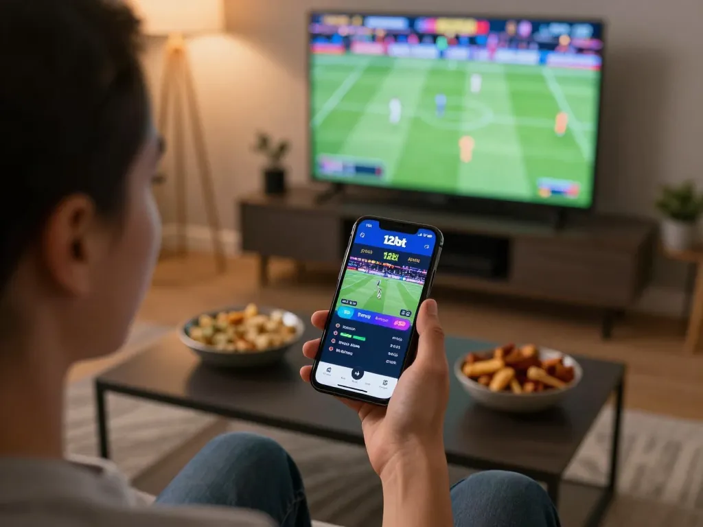 Cược trên ứng dụng Link 12bet trong khi xem thể thao, thể hiện sự phấn khích của cá cược trực tuyến