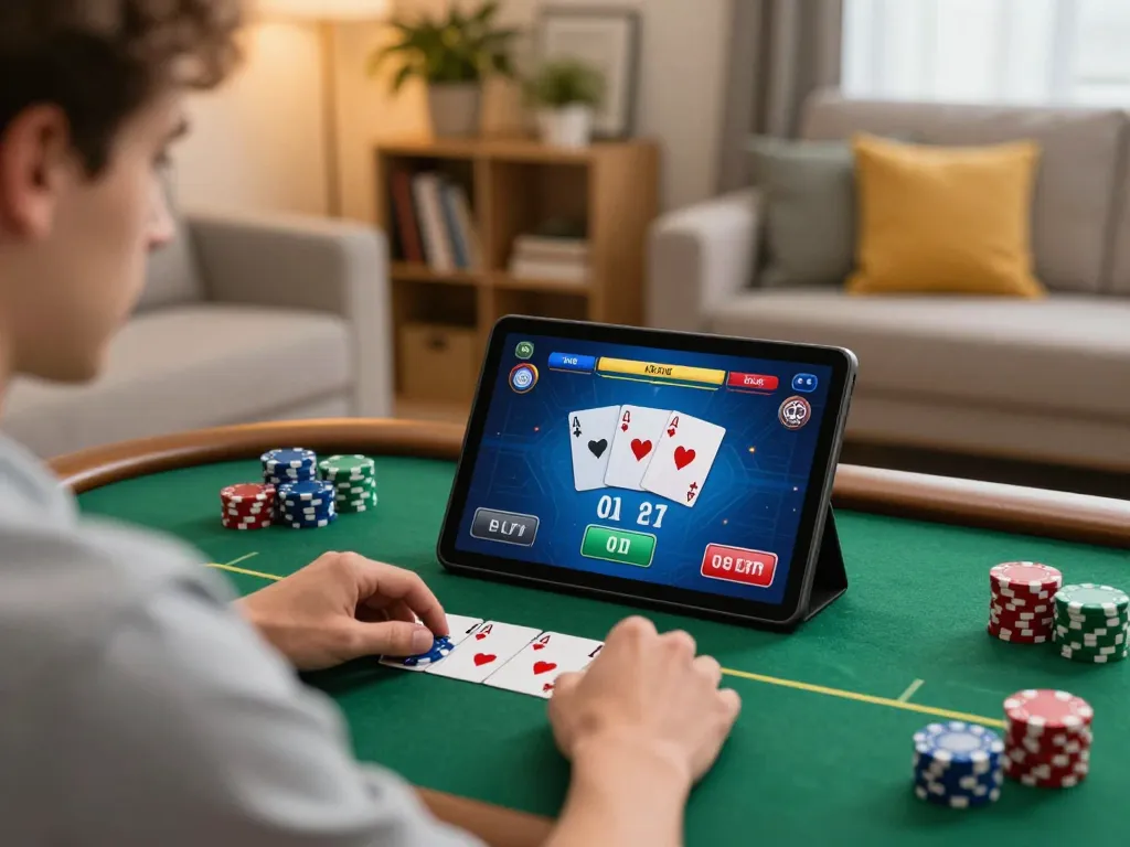 Player enjoying new pk luck online poker game on a tablet in a cozy home setting