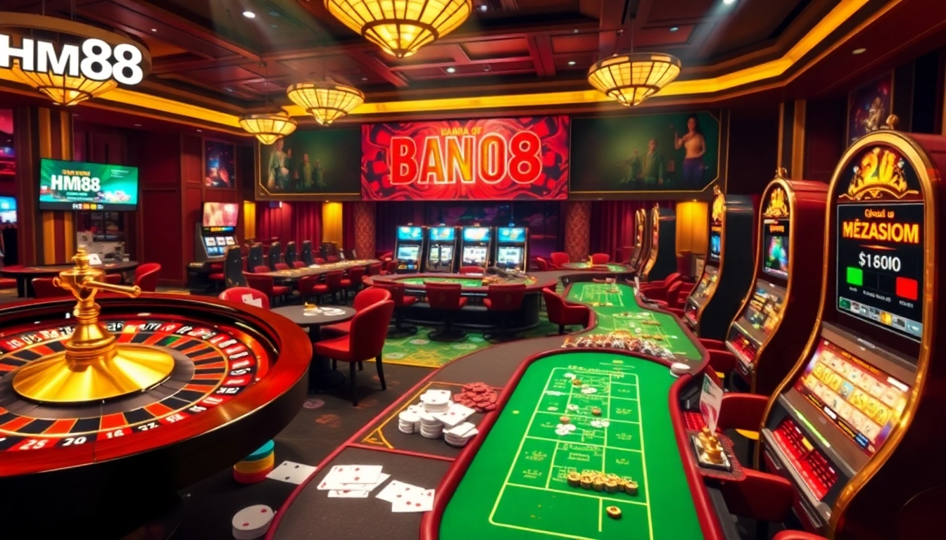 Exciting casino scene showcasing Nhà cái Hm88 with vibrant roulette and poker action.