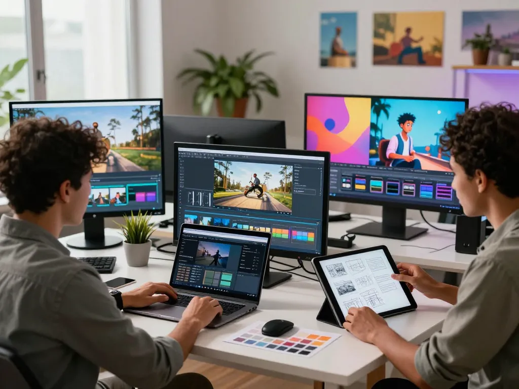 Content creators using seedance ai at a collaborative workspace with dynamic video displays.