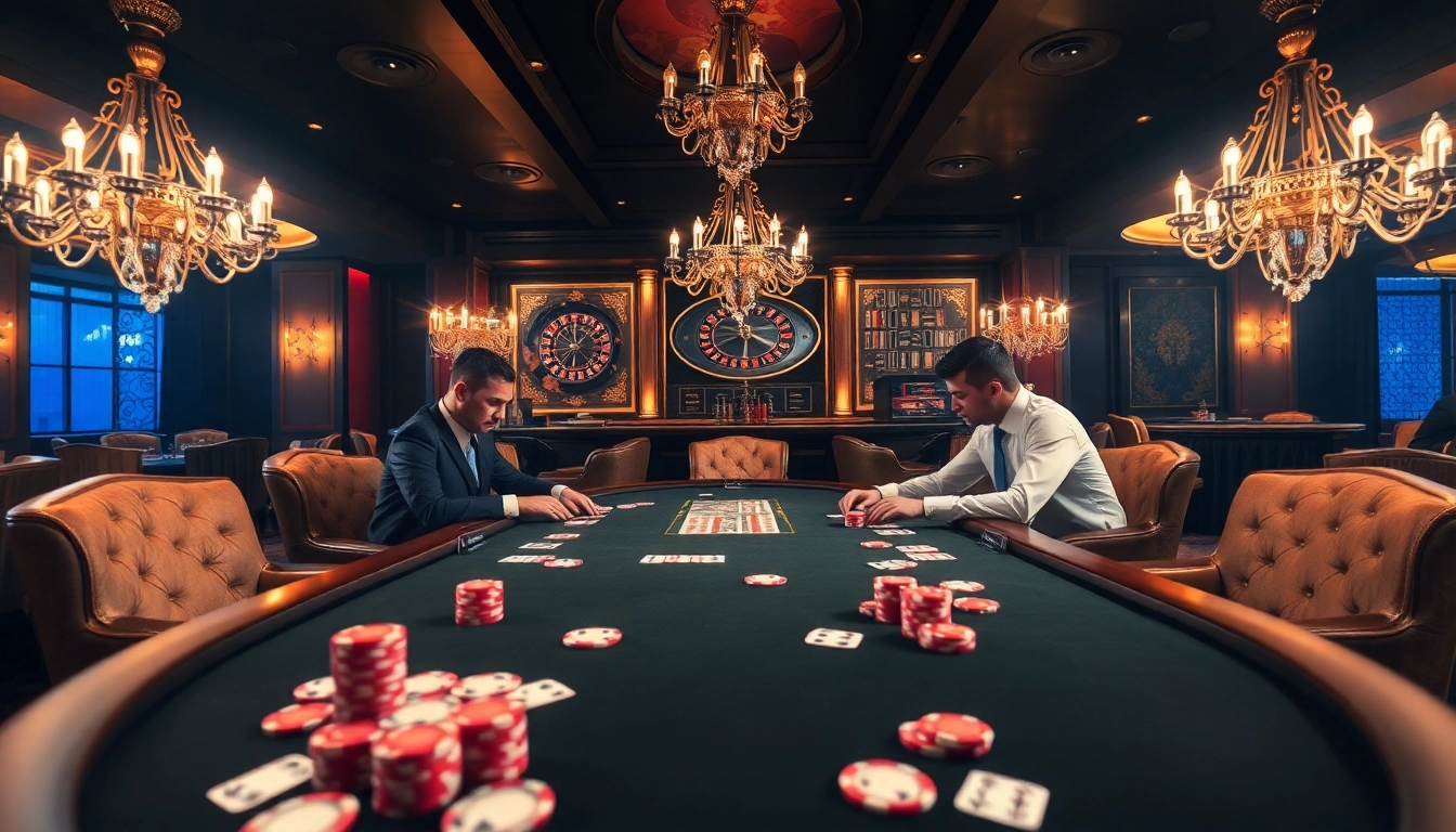 SCLUB88 NET poker enthusiasts engaging in high-stakes gameplay at a luxurious casino table.