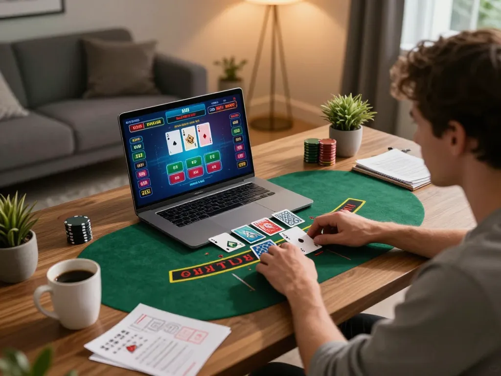 Engaging scene of a user playing live blackjack on sky88pl, showcasing a modern home gaming setup and strategy notes.