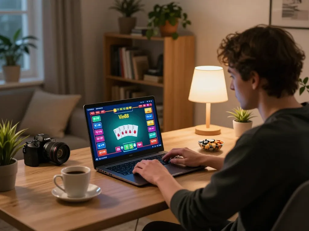Engaging in Vin88 online poker game from a cozy home setup featuring vibrant game interface and warm ambiance