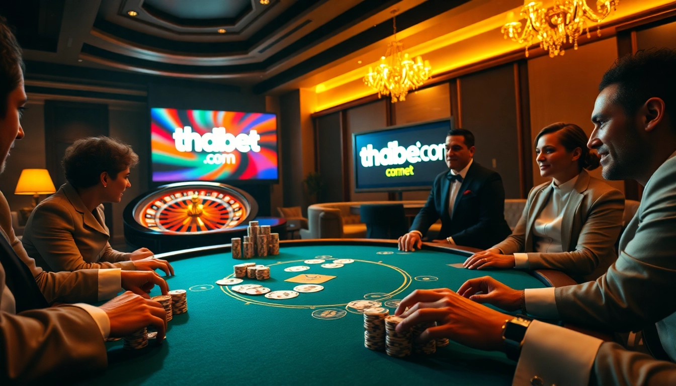 Exciting poker game scene at thabet.com featuring professional players and vibrant roulette.