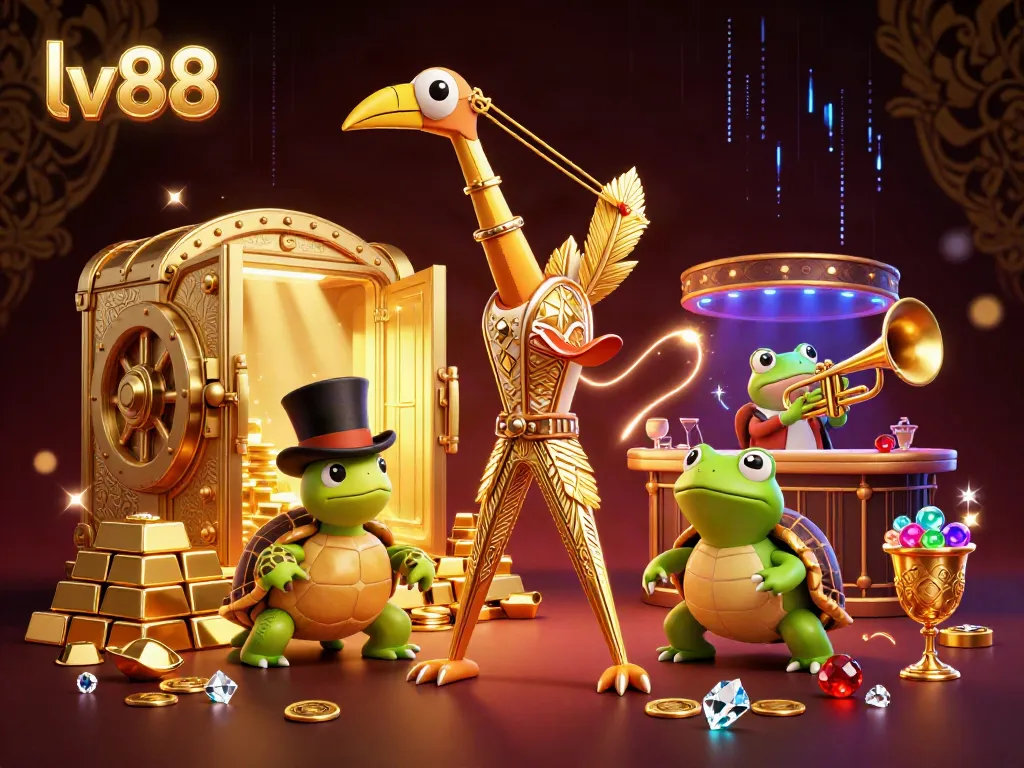 Experience the excitement of lv88 with a vibrant 3D illustration of casino characters and golden treasures.