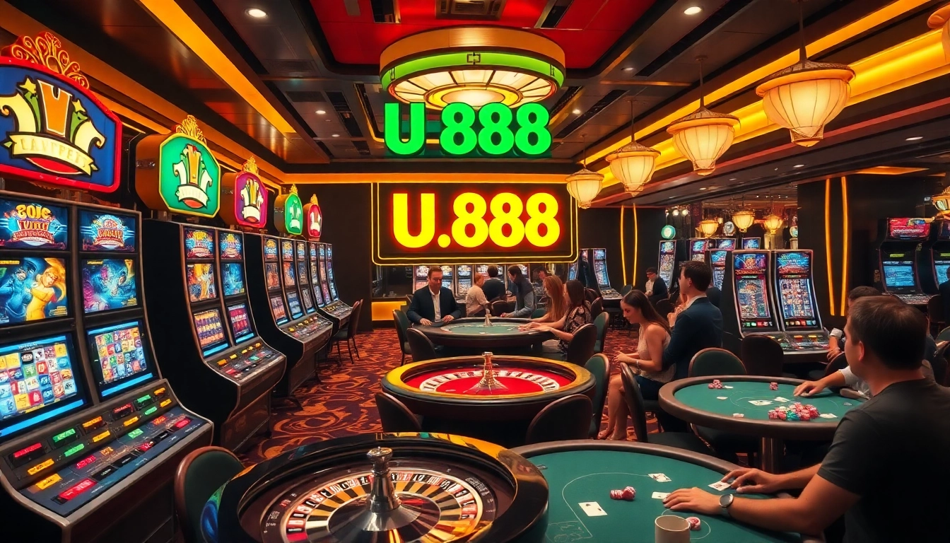 Players enjoying a lively game at U 888 casino tables, surrounded by colorful slot machines and vibrant atmosphere.