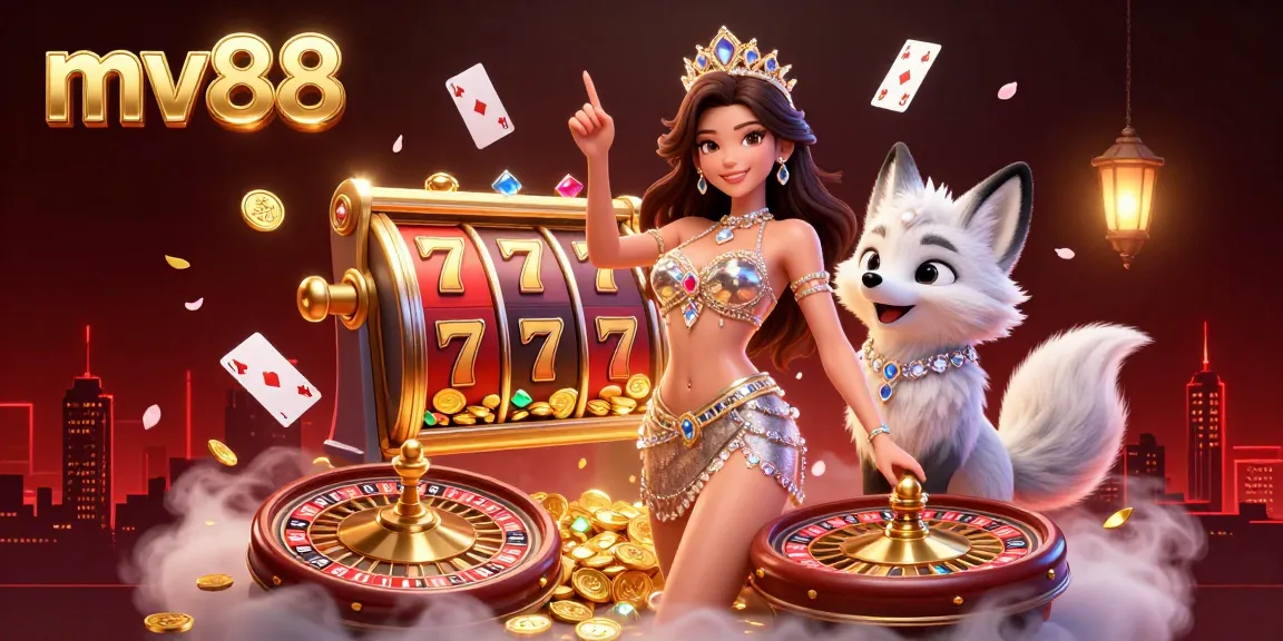 Engage with the vibrant casino experience at mv88 featuring dynamic slot reels, gold coins, and lively characters.