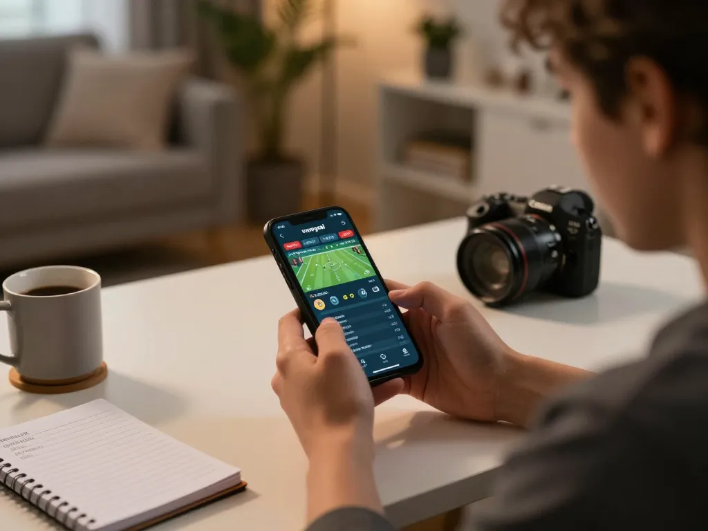 Engaging in live sports betting with the nowgoal app on a smartphone, showcasing a comfortable home setup.