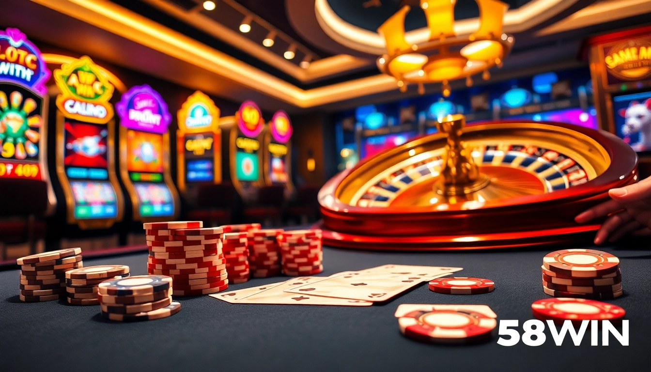 Players engaging in exciting games at 58WIN casino with poker chips and vibrant slot machines.