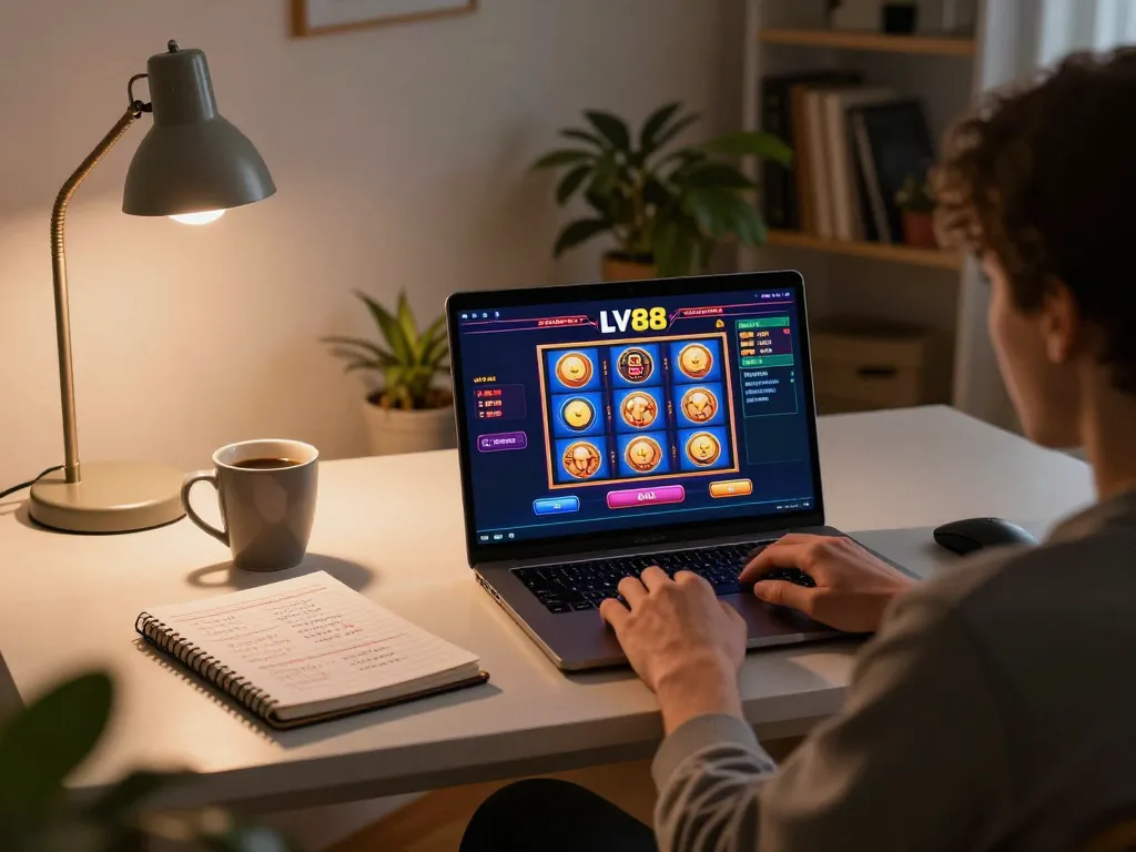 Player engaging in online gambling on LV88, showcasing a lively gaming setup with colorful slot visuals.