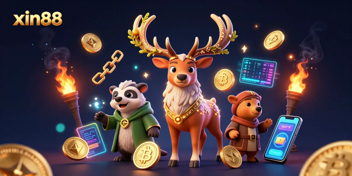 Play slots at xin88, featuring a Celtic stag, wise badger, and crypto gaming elements.