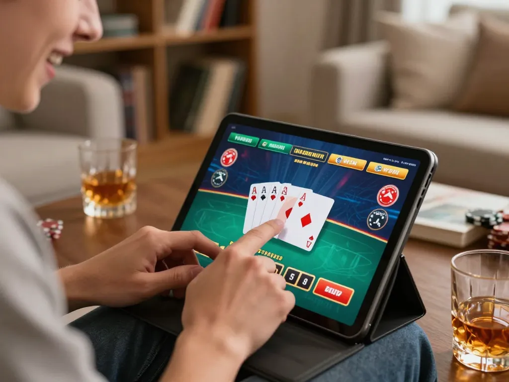 Player engaging in tic88 online poker betting on a tablet in a cozy home setting.