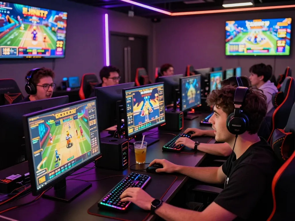Excited gamers enjoying B52 casino games in a vibrant gaming lounge.