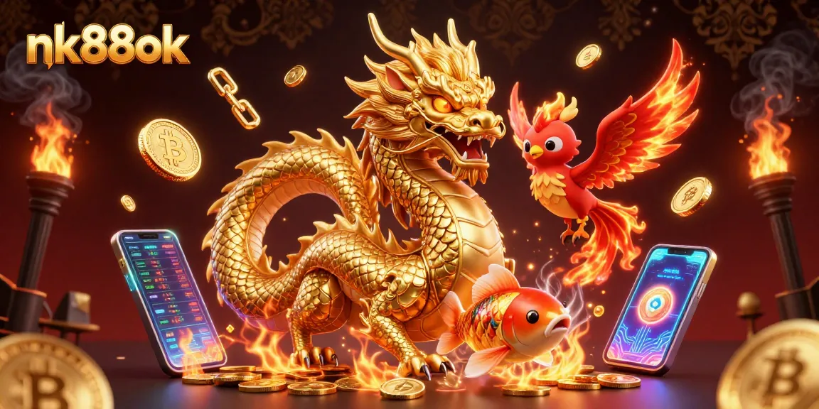 Experience thrilling bets at nk88ok with a golden dragon and phoenix in a vibrant 3D casino scene.